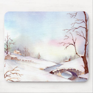 雪橋水彩景絵画観 マウスパッド