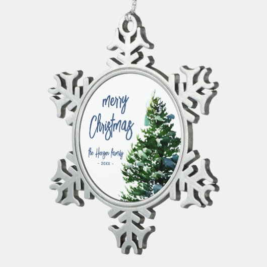 雪水彩松絵画木 スノーフレークピューターオーナメント (右)