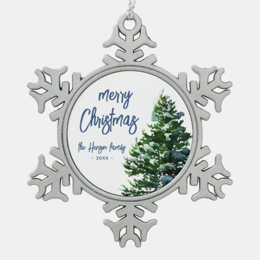 雪水彩松絵画木 スノーフレークピューターオーナメント (正面)