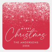 雪流れの赤いクリスマス スクエアシール (正面)