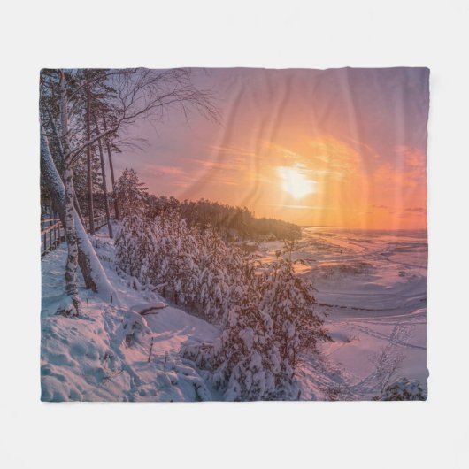 雪海沿岸の夕日 フリースブランケット (正面(横))