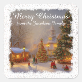 雪深いクリスマスツリーシーンインビレッジスクエア スクエアシール