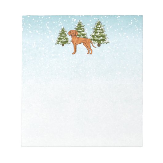 雪深い冬の森のかわいいハンガリーのビズラ犬 ノートパッド (正面)