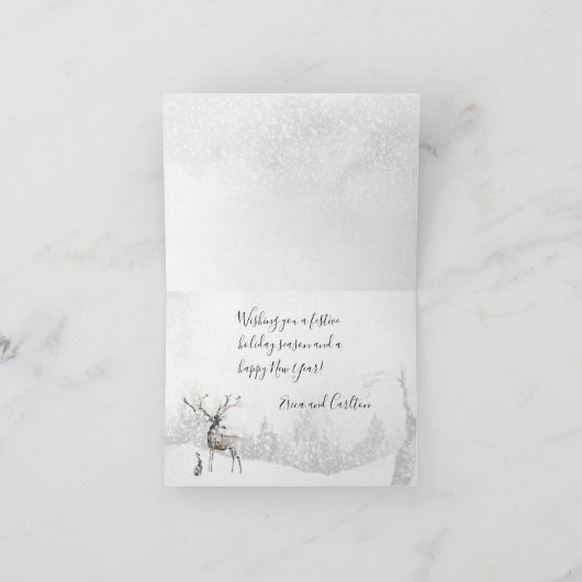 雪深い冬の森林トナカイと友人 シーズンカード (内部)