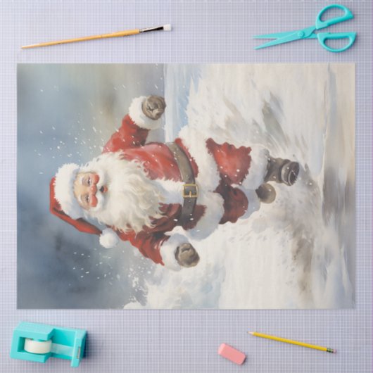 雪深い森おもしろいの中で水彩色のサンタクロース 薄葉紙 (クラフト)