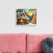 雪深い森の中の居心地の良い冬のキャビン | クリスマス キャンバスプリント (インサイチュ (リビング))