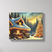 雪深い森の中の居心地の良い冬のキャビン | クリスマス キャンバスプリント (正面)