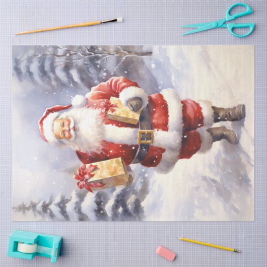 雪深い森の中の水彩クラシックサンタクロース 薄葉紙 (クラフト)