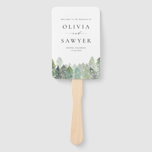 雪深い水の色の常緑ウッドランド冬の結婚式 ハンドファン (正面)