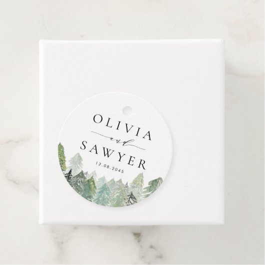 雪深い水の色の常緑ウッドランド冬の結婚式 フェイバータグ (インサイチュ)