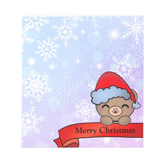雪片がついたかわいいクリスマステディベア ノートパッド (正面)