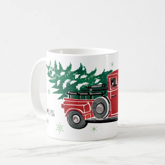 雪片が付いているクリスマスのヴィンテージのトラック コーヒーマグカップ (正面左)