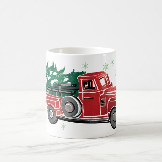 雪片が付いているクリスマスのヴィンテージのトラック コーヒーマグカップ (中央)