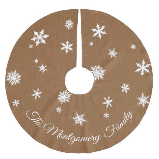 雪片が付いているパーソナライズなバーラップの木のスカート ブラッシュドポリエステルツリースカート (正面)