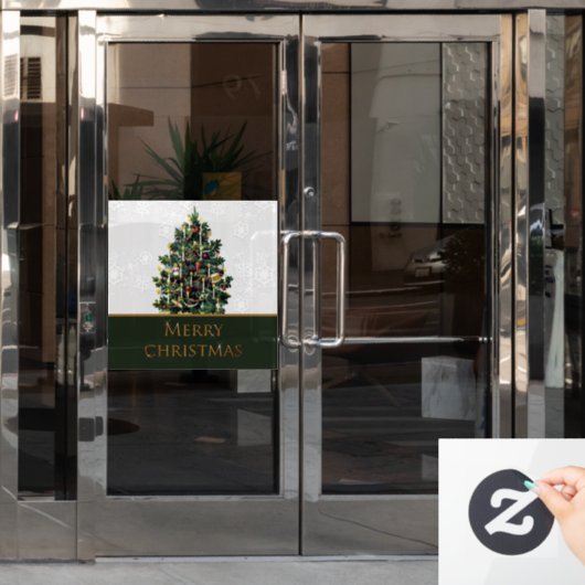 雪片が咲く聖降誕祭の木を店先で楽しむ ウィンドウサイン (オフィスドア)