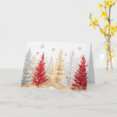 雪片が咲く赤と金ゴールドのクリスマスツリー カード (黄色い花)