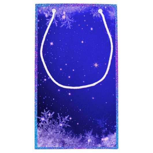 雪片が紫色の青い白いグリッターを見る スモールペーパーバッグ (裏面)