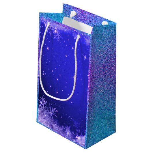 雪片が紫色の青い白いグリッターを見る スモールペーパーバッグ (裏面アングル)