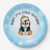 雪片が背景の可愛いベビーペンギン ペーパープレート (正面)