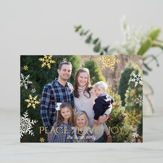 雪片が落ちる平和ラブジョイグリーンフォト金ゴールド 箔シーズンカード (立ち正面)