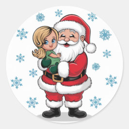 雪片で女の子を抱くサンタクロース ラウンドシール