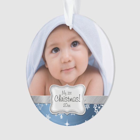 雪片との男の赤ちゃんの第1クリスマス オーナメント (正面)