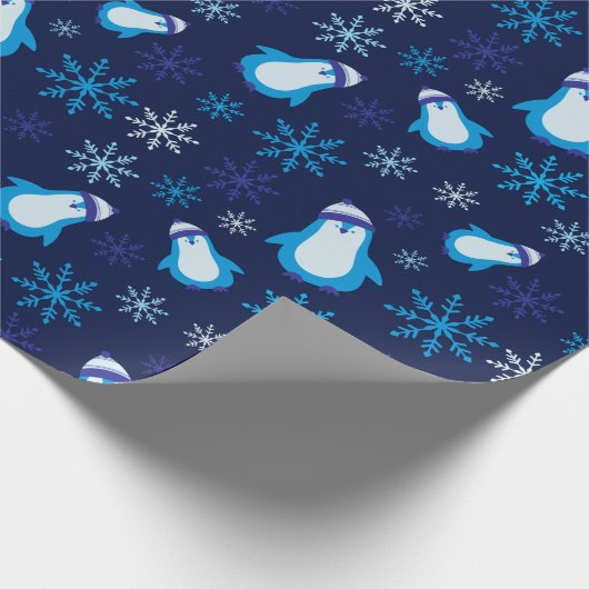 雪片とウィンターペンギンDark Navyシームレス ラッピングペーパー (角)