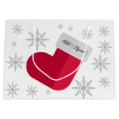 雪片とクリスマスストッキングの名前の追加 ラージペーパーバッグ (正面)