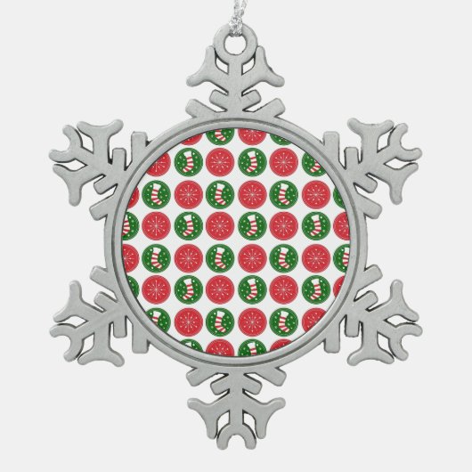 雪片とストッキング スノーフレークピューターオーナメント (正面)