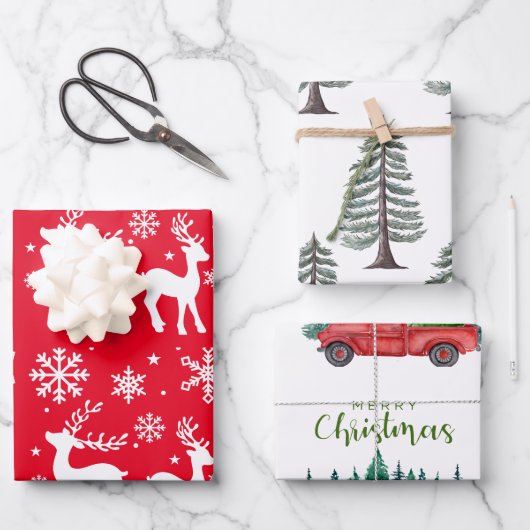 雪片とトナカイのクリスマスグリーンツリー ラッピングペーパーシート (正面)