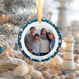 雪片と家族航海のクリスマス両面 セラミックオーナメント