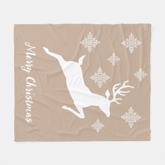 雪片と文字でベージュの上に白い鹿の形 フリースブランケット (正面(横))