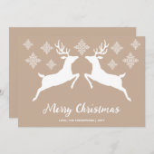 雪片と文字でベージュの白い鹿のシェイプ シーズンカード (正面/裏面)