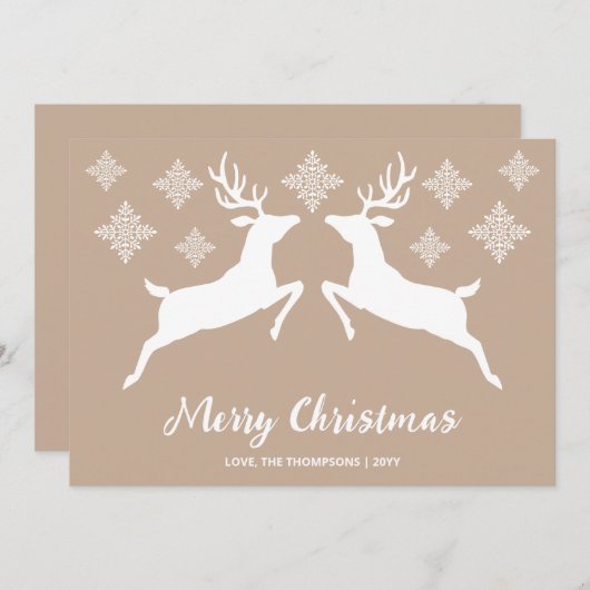 雪片と文字でベージュの白い鹿のシェイプ シーズンカード (正面/裏面)