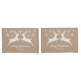 雪片と文字でベージュの白い鹿のシェイプ 枕カバー