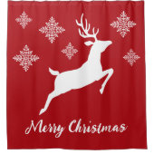 雪片と文字で赤に白い鹿の形 シャワーカーテン (正面)