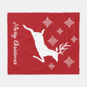 雪片と文字で赤に白い鹿の形 フリースブランケット (正面(横))