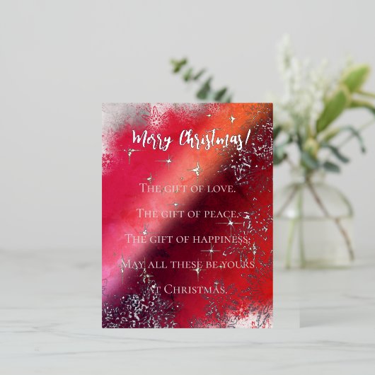 雪片と星で赤く輝くメリークリスマス 箔シーズンポストカード (立ち正面)