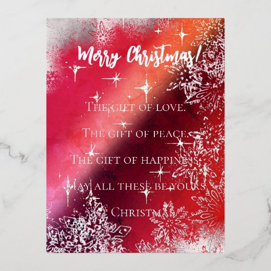 雪片と星で赤く輝くメリークリスマス 箔シーズンポストカード (正面)