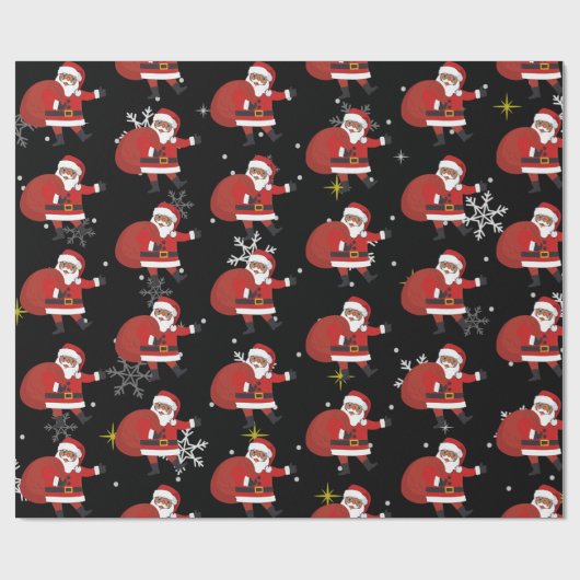 雪片と星のクリスマスを持つ黒いサンタ ラッピングペーパー (フラット)