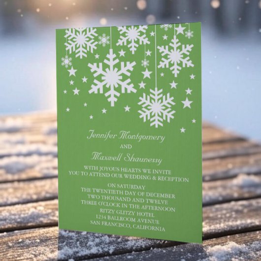 雪片と星の結婚式の招待、緑 招待状