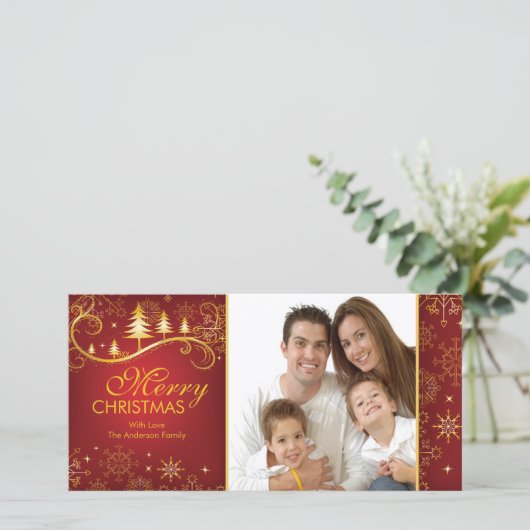 雪片と木メリークリスマスファミリーフォト シーズンカード (スタンド正面)