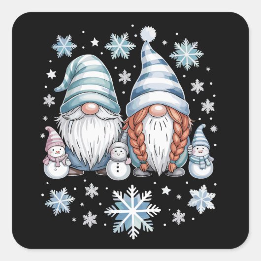 雪片と雪だるまのニコニコグノミー 冬の可愛い  スクエアシール (正面)