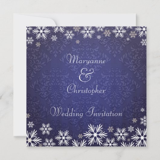 雪片と青いダマスクの結婚式 招待状 (正面)