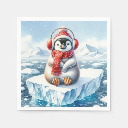 雪片に入った冬のペンギン スタンダードカクテルナプキン (正面)