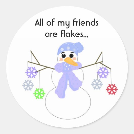 雪片のあるカラフル雪だるま ラウンドシール (正面)