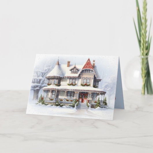 雪片のあるクリスマスコテージ シーズンカード (正面)