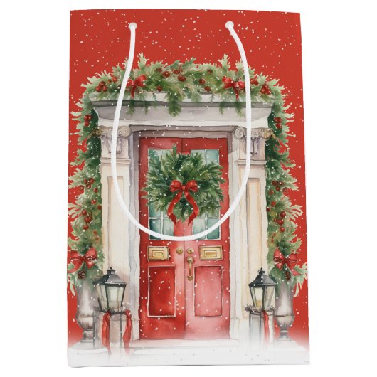 雪片のあるクリスマスドア ミディアムペーパーバッグ (正面)