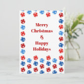 雪片のあるクリスマスブルーと赤いオーナメント シーズンカード (スタンド正面)