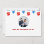 雪片のあるクリスマスブルーと赤いオーナメント シーズンカード (裏面)